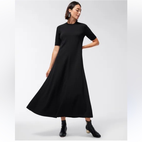navy blue dress for baby girl Chico's ponte A-line elbow sleeve maxi dress in black 1/US 8